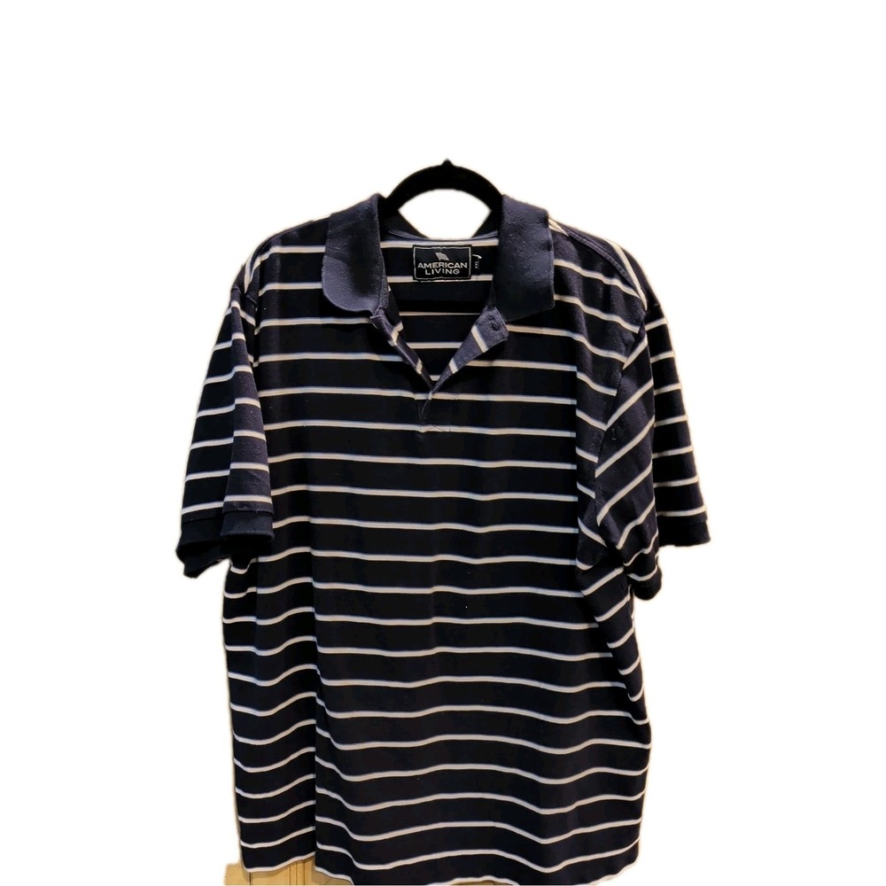 American‎ Living Mens Polo Shirt Size XXL Navy With White Stripes Short Sleeves